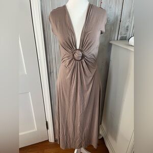 VTG Y2K BCBG taupe V-neck tie twist ruched stretch midi dress sz L boho beach